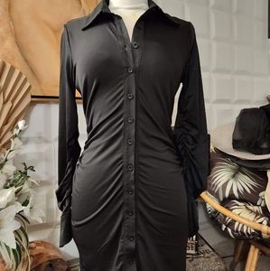 New Topshop Black Long Ruched Sleeve Ruched Dress size Large